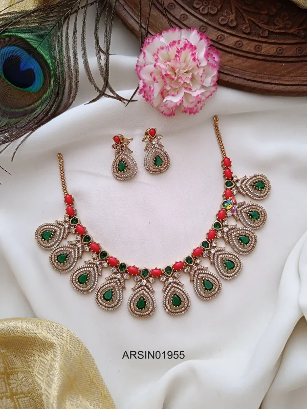 Coral with Emerald and AD Stone Necklace