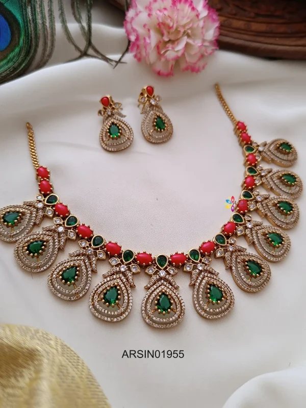 Coral with Emerald and AD Stone Necklace